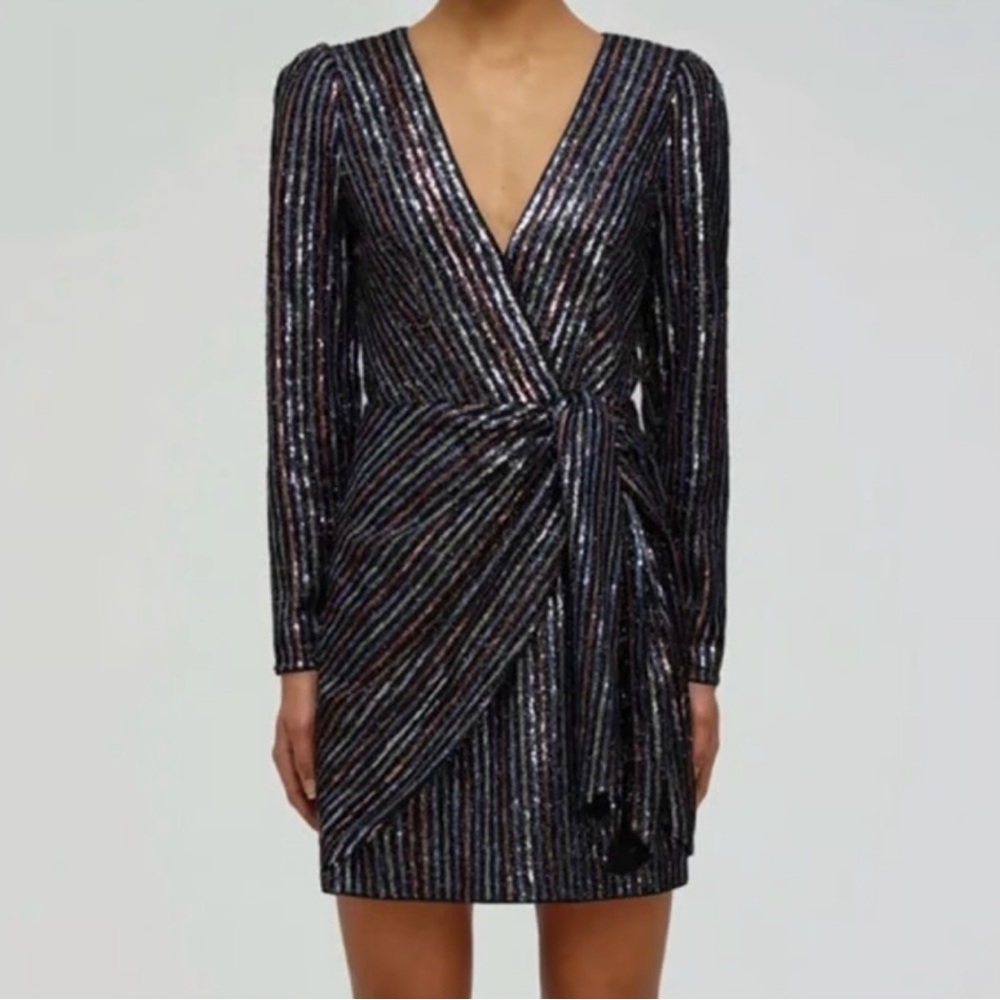 Self-Portrait Stripe Sequin Draped Long Sleeve Metallic Mini Dress